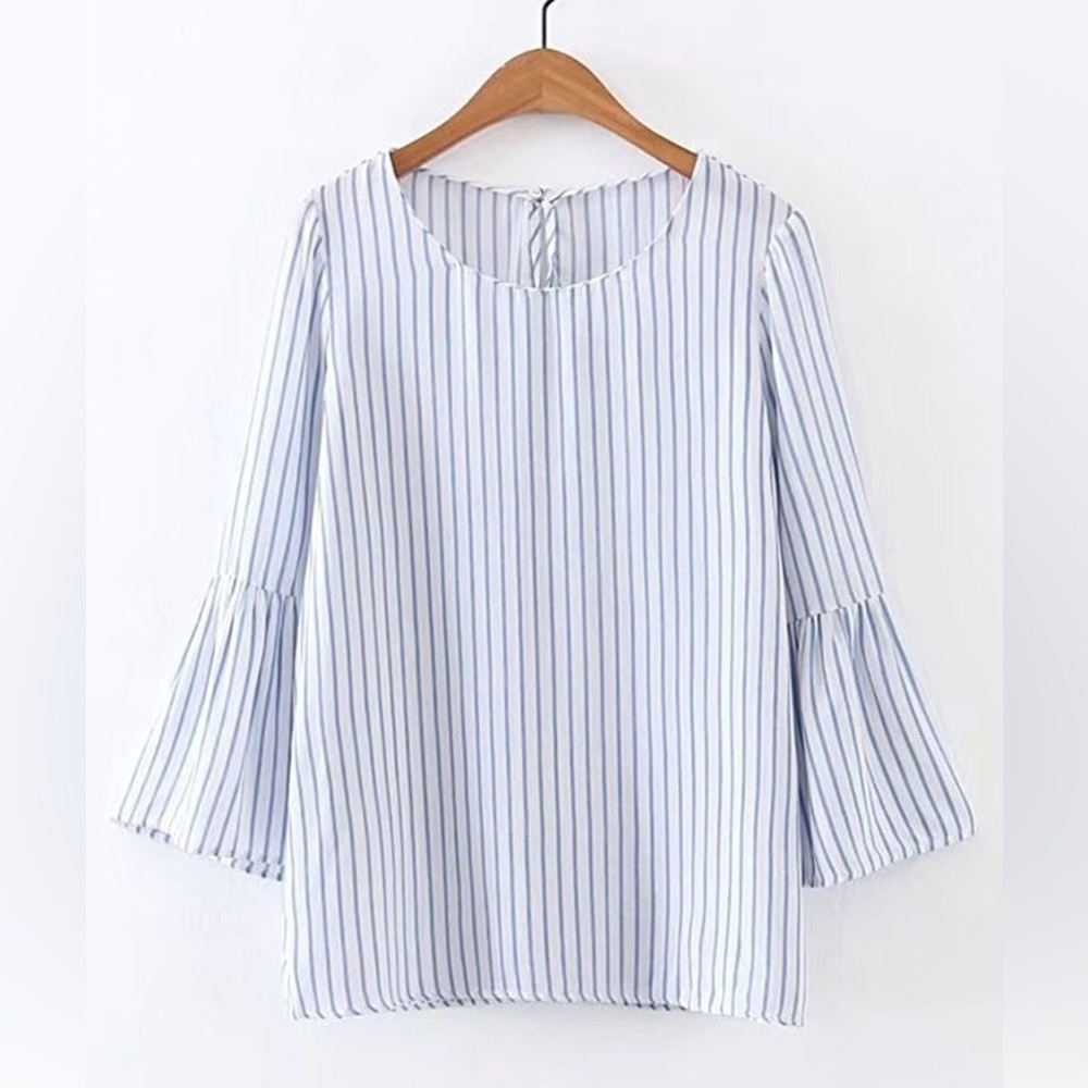 Zara Blue and White Striped Blouse with Flared Sleeves